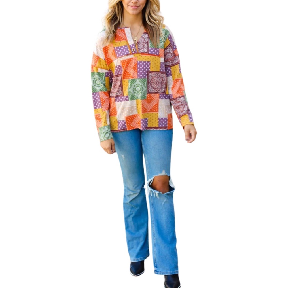 BOUTIQUE RUST OLIVE & MUSTARD PATCHWORK TOP - Picture 3 of 9